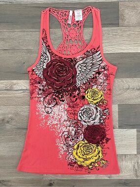 Y2K Bongo Coral Rose & Wing Crochet Back Racerback Tank Top Juniors XL